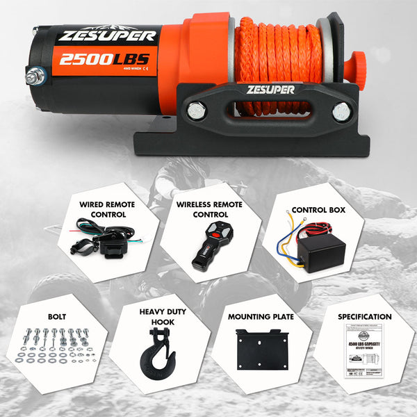 Zesuper 12V Electric Winch 2500Lbs Synthetic Rope Wireless Remote Atv Utv Boat Tow Bars & Winches