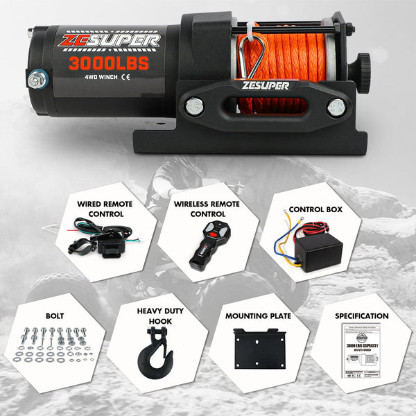 Zesuper 12V Electric Winch 3000Lbs Synthetic Rope Wireless Remote Atv Utv Boat Tow Bars & Winches