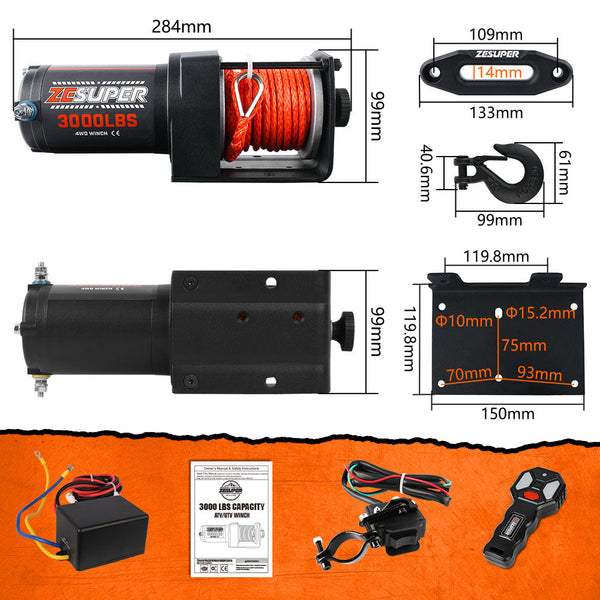 Zesuper 12V Electric Winch 3000Lbs Synthetic Rope Wireless Remote Atv Utv Boat Tow Bars & Winches