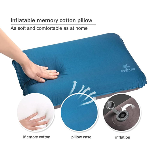 Self Inflating Camping Pillow With Ergonomic 4D Support Blue Inflatable Pillows