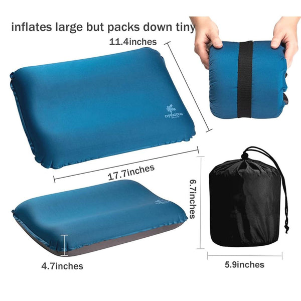 Self Inflating Camping Pillow With Ergonomic 4D Support Blue Inflatable Pillows