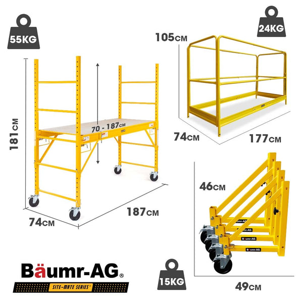 Baumr Ag 1.9 X 0.8 1.8M Adjustable Mobile Scaffold Platform Guard Rail Outrigger Wheel Set Trapdoor Hatch Scaffolding