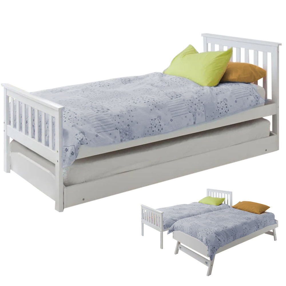Kingston Slumber Wooden Single Bed Frame W/ Pop Up Trundle For Kids Bedroom White Single Bed Frames