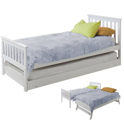 Kingston Slumber Wooden Single Bed Frame W/ Pop Up Trundle For Kids Bedroom White Single Bed Frames