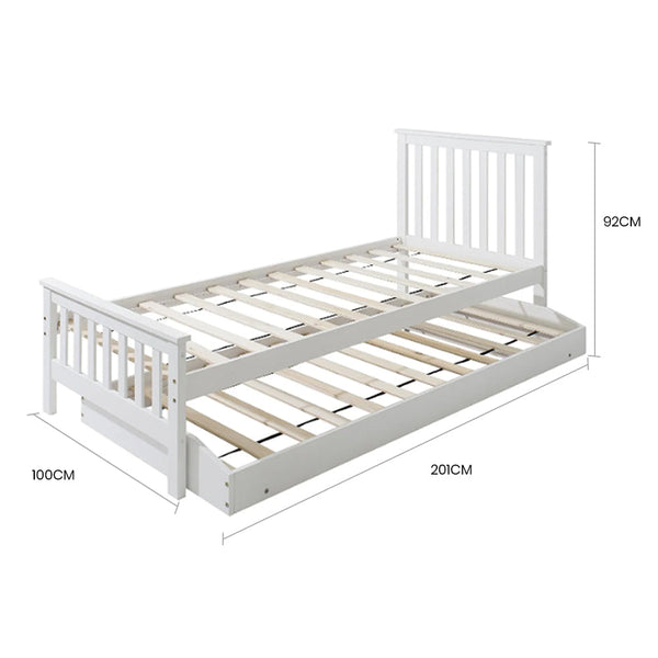 Kingston Slumber Wooden Single Bed Frame W/ Pop Up Trundle For Kids Bedroom White Single Bed Frames