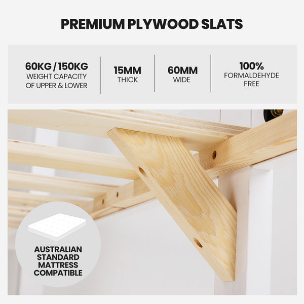 Slumber Triple Wooden Single Over Double Bunk Bed Frame Kids Convertible Design White Single Bed Frames