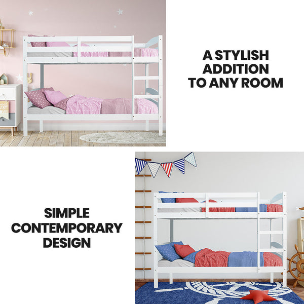 Kingston Slumber Single Bunk Bed Frame Solid Pine 2 In 1 Modular Design White Single Bed Frames