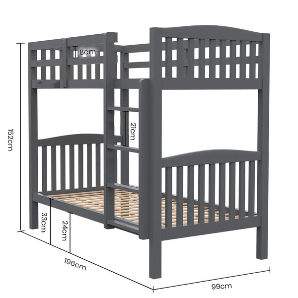 Kingston Slumber Single Bunk Bed Frame Solid Pine Wood Timber Modular Design Grey Single Bed Frames