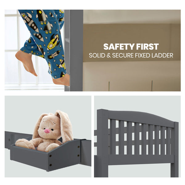 Kingston Slumber Single Bunk Bed Frame Solid Pine Wood Timber Modular Design Grey Single Bed Frames