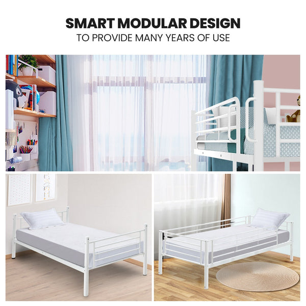 Kingston Slumber Single Metal Bunk Bed Frame Modular Design Matte White Furniture Single Bed Frames