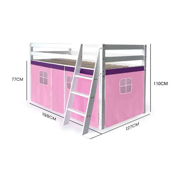 Kingston Slumber Wooden Kids Single Loft Bed Frame Hiding Space Underneath With Interchangeable Pink And Blue Curtains Single Bed Frames