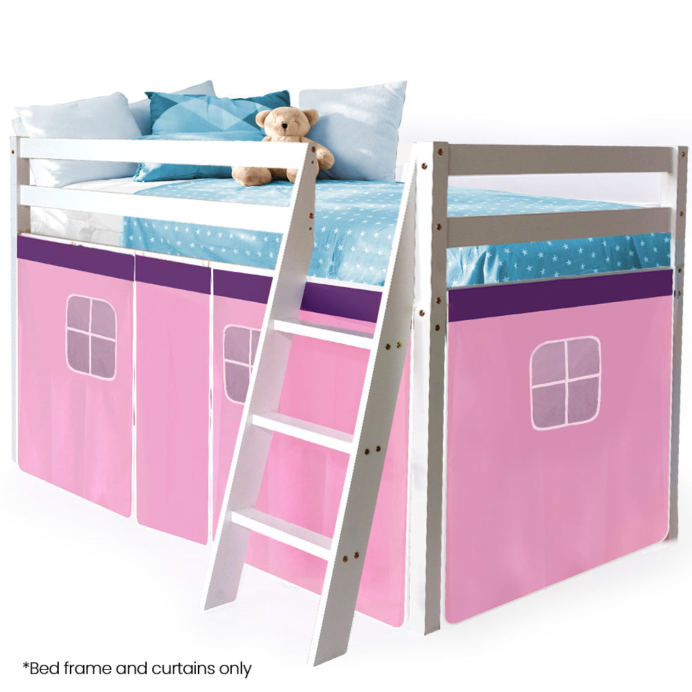 Kingston Slumber Wooden Kids Single Loft Bed Frame Hiding Space Underneath With Interchangeable Pink And Blue Curtains Single Bed Frames