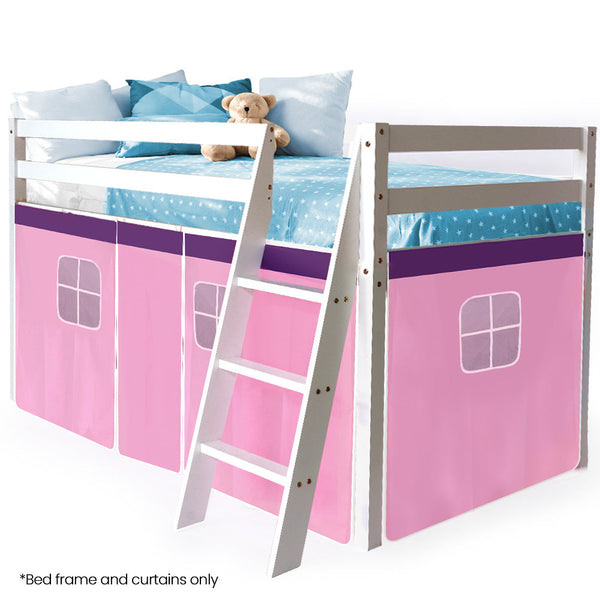 Kingston Slumber Wooden Kids Single Loft Bed Frame Hiding Space Underneath With Interchangeable Pink And Blue Curtains Single Bed Frames