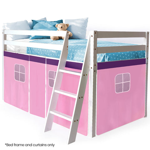 Kingston Slumber Wooden Kids Single Loft Bed Frame Hiding Space Underneath With Interchangeable Pink And Blue Curtains Single Bed Frames