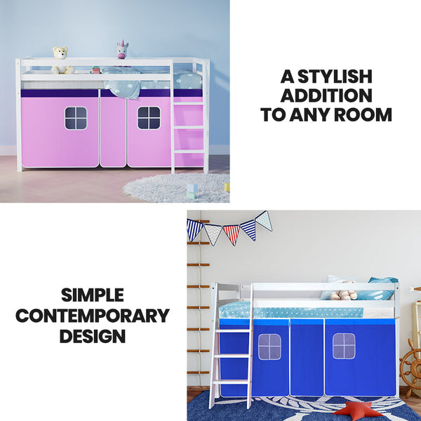 Kingston Slumber Wooden Kids Single Loft Bed Frame Hiding Space Underneath With Interchangeable Pink And Blue Curtains Single Bed Frames