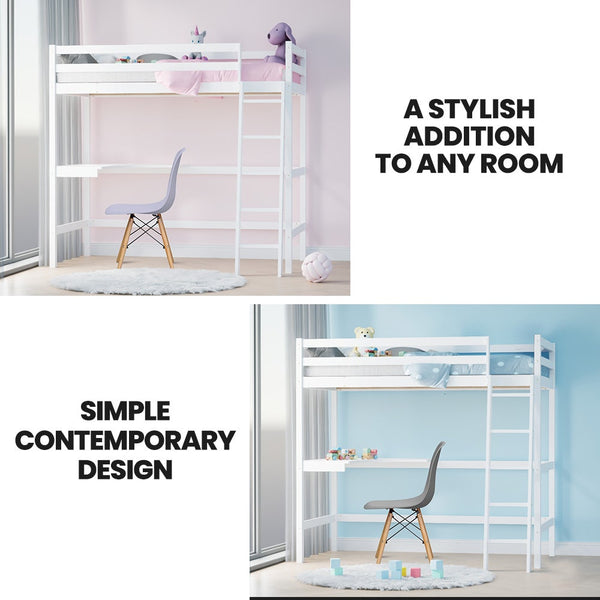 Kingston Slumber Wooden Kids Single Loft Bed Frame With Desk White Single Bed Frames