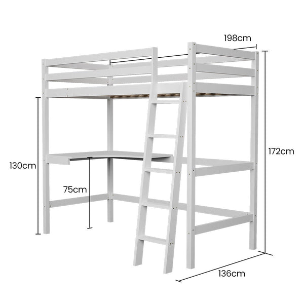 Kingston Slumber Wooden Kids Single Loft Bed Frame With Desk White Single Bed Frames