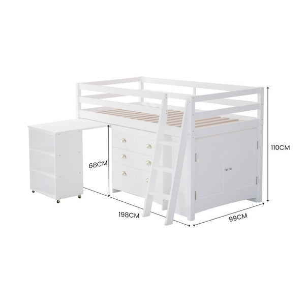 Kids Single Loft Bed Frame With Pull Out Desk Storage Drawers Cabinet White Single Bed Frames