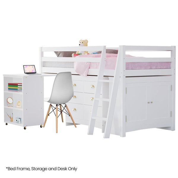 Kids Single Loft Bed Frame With Pull Out Desk Storage Drawers Cabinet White Single Bed Frames