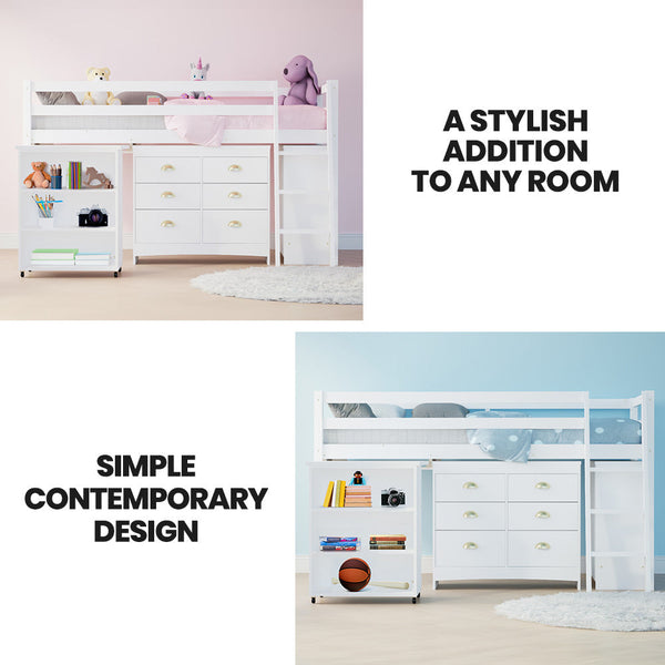 Kids Single Loft Bed Frame With Pull Out Desk Storage Drawers Cabinet White Single Bed Frames