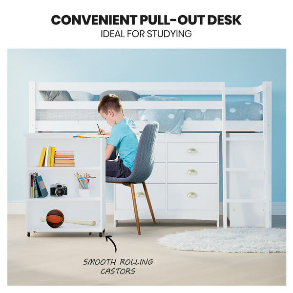 Kids Single Loft Bed Frame With Pull Out Desk Storage Drawers Cabinet White Single Bed Frames