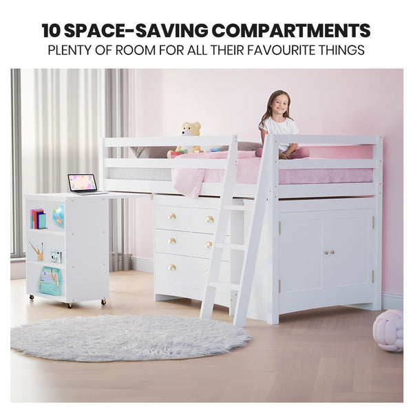 Kids Single Loft Bed Frame With Pull Out Desk Storage Drawers Cabinet White Single Bed Frames