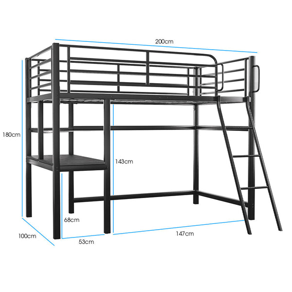 Gaming Loft Bed With Desk Steel Metal Frame Space Saving Design For Single Mattress Matte Dark Grey Single Bed Frames