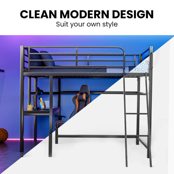 Gaming Loft Bed With Desk Steel Metal Frame Space Saving Design For Single Mattress Matte Dark Grey Single Bed Frames