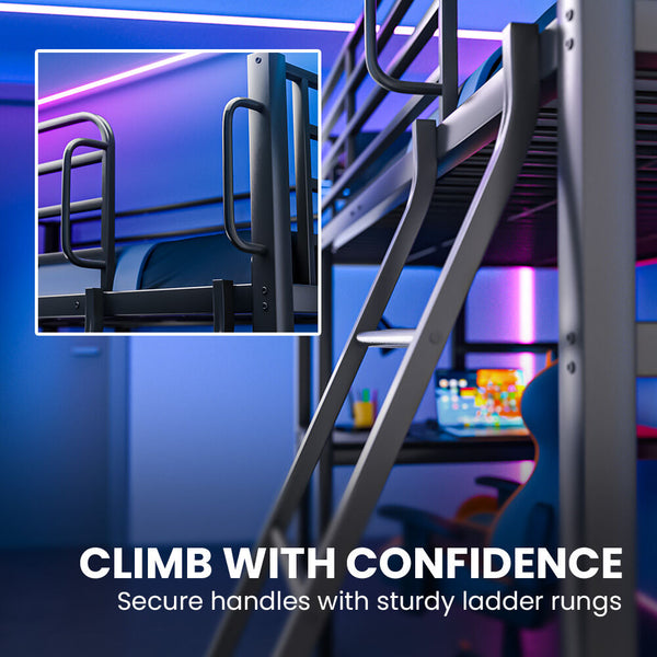 Gaming Loft Bed With Desk Steel Metal Frame Space Saving Design For Single Mattress Matte Dark Grey Single Bed Frames