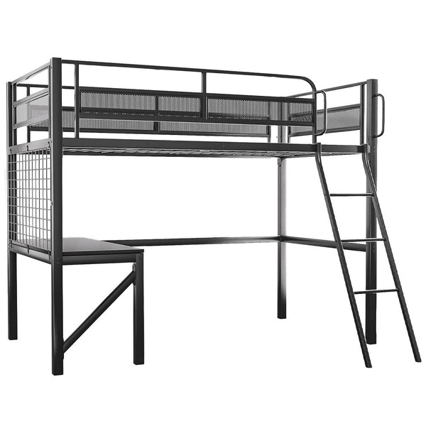 Gaming Loft Bed With Desk Gridwall Steel Metal Frame Space Saving Design For Single Mattress Matte Dark Grey Single Bed Frames