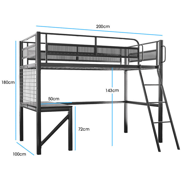 Gaming Loft Bed With Desk Gridwall Steel Metal Frame Space Saving Design For Single Mattress Matte Dark Grey Single Bed Frames