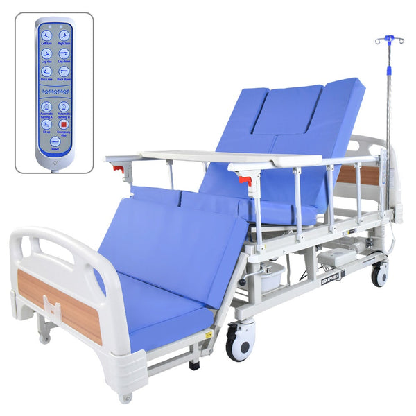 Equipmed Electric 8 Function Medical Bed W/ Mattress & Over Table Adjustable Back And Leg Lifting Lateral Tilting Commode Bowl Iv Pole Homecare & Hosp