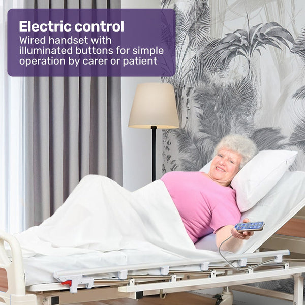 Equipmed Electric 8 Function Medical Bed W/ Mattress & Over Table Adjustable Back And Leg Lifting Lateral Tilting Commode Bowl Iv Pole Homecare & Hosp