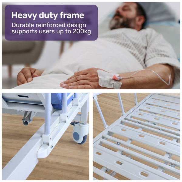 Equipmed Electric 8 Function Medical Bed W/ Mattress & Over Table Adjustable Back And Leg Lifting Lateral Tilting Commode Bowl Iv Pole Homecare & Hosp