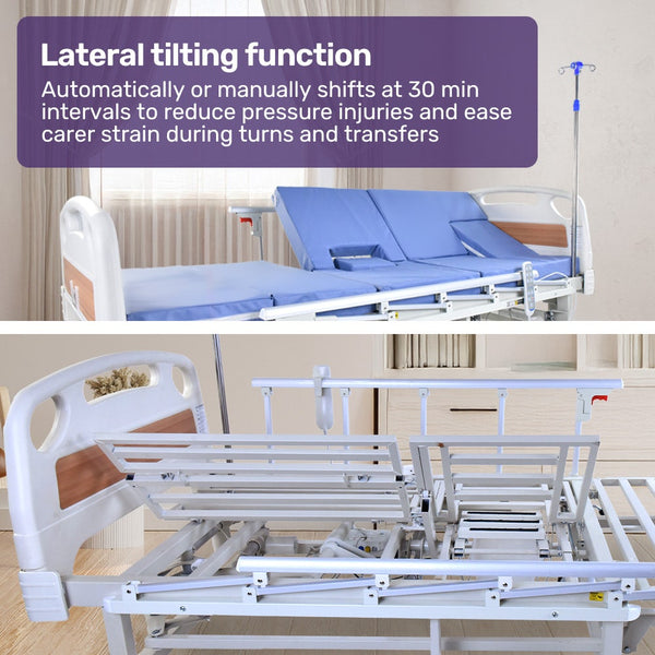 Equipmed Electric 8 Function Medical Bed W/ Mattress & Over Table Adjustable Back And Leg Lifting Lateral Tilting Commode Bowl Iv Pole Homecare & Hosp