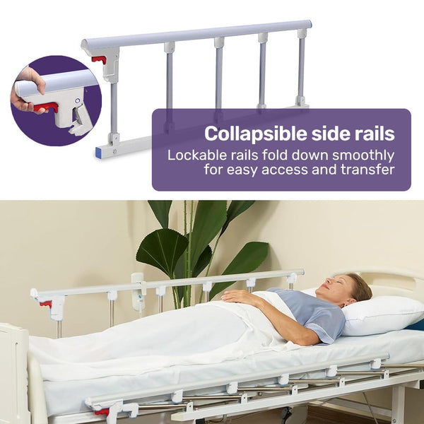 Equipmed Electric 8 Function Medical Bed W/ Mattress & Over Table Adjustable Back And Leg Lifting Lateral Tilting Commode Bowl Iv Pole Homecare & Hosp