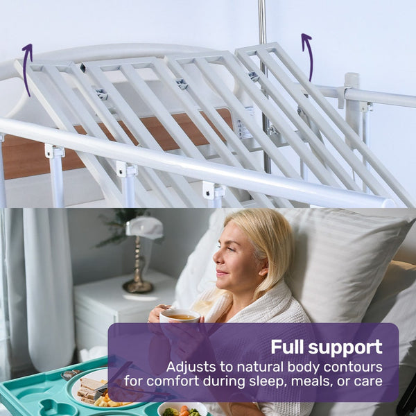 Equipmed Electric 8 Function Medical Bed W/ Mattress & Over Table Adjustable Back And Leg Lifting Lateral Tilting Commode Bowl Iv Pole Homecare & Hosp
