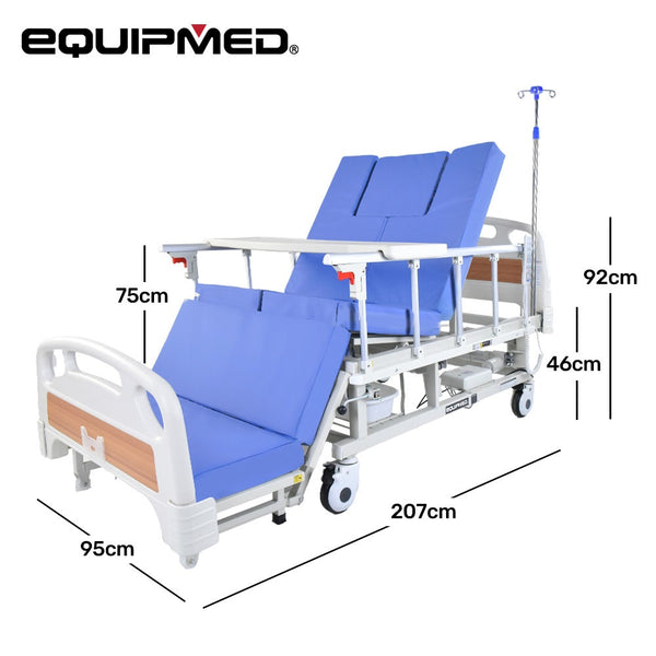 Equipmed Electric 8 Function Medical Bed W/ Mattress & Over Table Adjustable Back And Leg Lifting Lateral Tilting Commode Bowl Iv Pole Homecare & Hosp