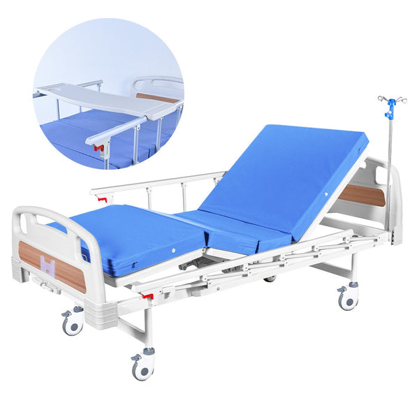 Equipmed 4 Function Medical Bed W/ Mattress & Over Table Easy Manual Adjustable Back And Leg Incline Iv Pole Homecare & Hospital Beds