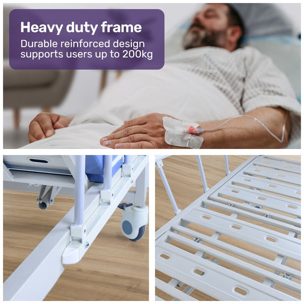 Equipmed 4 Function Medical Bed W/ Mattress & Over Table Easy Manual Adjustable Back And Leg Incline Iv Pole Homecare & Hospital Beds