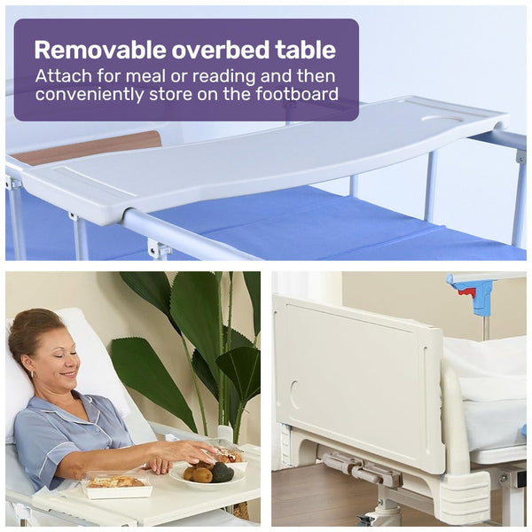 Equipmed 4 Function Medical Bed W/ Mattress & Over Table Easy Manual Adjustable Back And Leg Incline Iv Pole Homecare & Hospital Beds