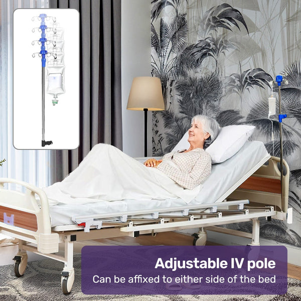 Equipmed 4 Function Medical Bed W/ Mattress & Over Table Easy Manual Adjustable Back And Leg Incline Iv Pole Homecare & Hospital Beds
