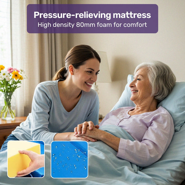 Equipmed 4 Function Medical Bed W/ Mattress & Over Table Easy Manual Adjustable Back And Leg Incline Iv Pole Homecare & Hospital Beds