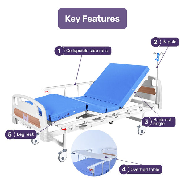 Equipmed 4 Function Medical Bed W/ Mattress & Over Table Easy Manual Adjustable Back And Leg Incline Iv Pole Homecare & Hospital Beds