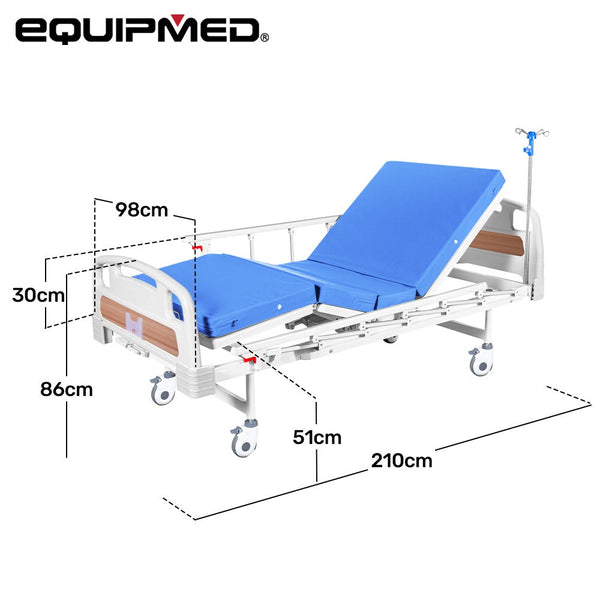 Equipmed 4 Function Medical Bed W/ Mattress & Over Table Easy Manual Adjustable Back And Leg Incline Iv Pole Homecare & Hospital Beds