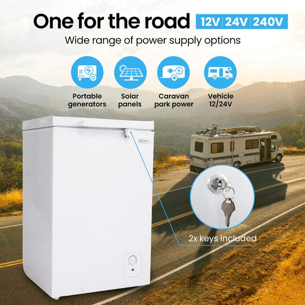 Gecko 100L Chest Freezer 12V/24V/240V For Motorhome And White Mini Fridges