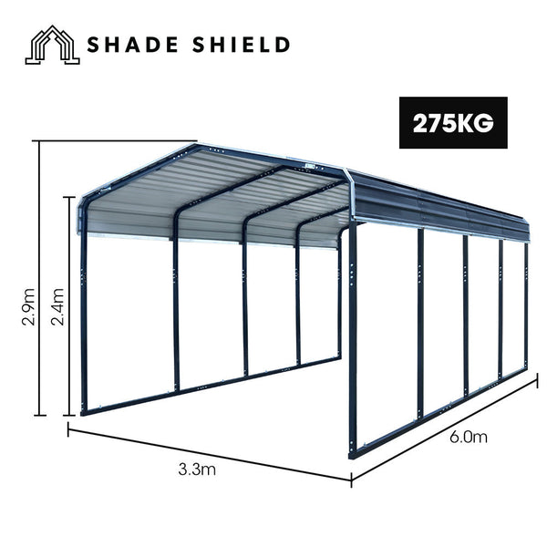 Single Carport Shed 3.3 X 6 2.9M Galvanised Steel Frame Powder Coated Gable Roof Shelter Caravan Boat Tractor Agricultural Sheds Summerhouses Carports
