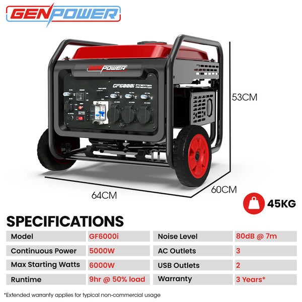 6Kw Peak 5Kw Open Frame Inverter Generator 3X15a 15L Tank Wheels Rcd Portable Backup Camping Heating & Generators