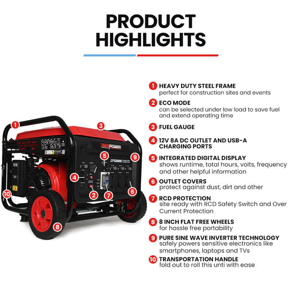 6Kw Peak 5Kw Open Frame Inverter Generator 3X15a 15L Tank Wheels Rcd Portable Backup Camping Heating & Generators