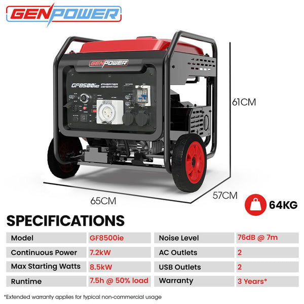 8.5Kw Peak 7.2Kw Open Frame Inverter Generator Push Button Start 2X15a 1X32a 20L Tank Wheels Rcd Portable Backup Camping Heating & Generators